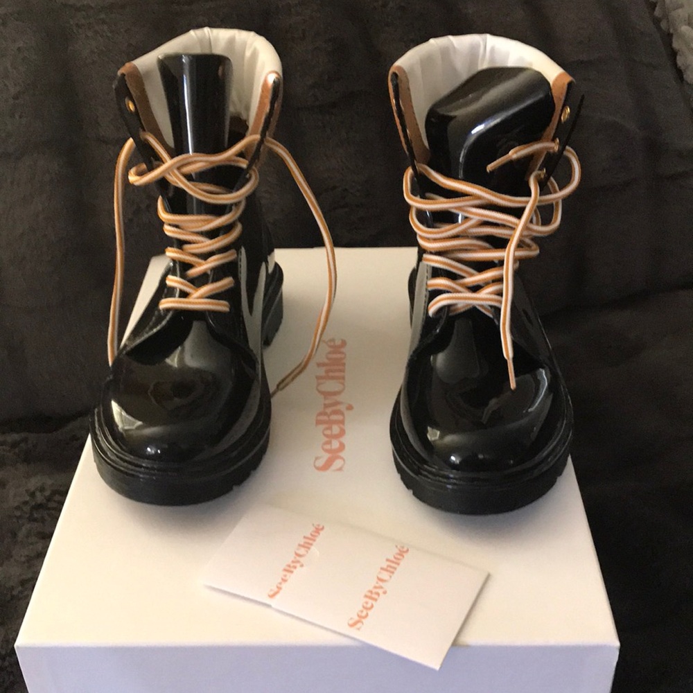 See By Chloe black patent leather rain boots New in box